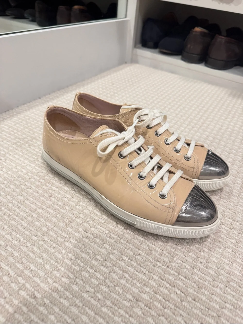 Miu Miu Patent Leather Low-Top Sneaker in Light Pink